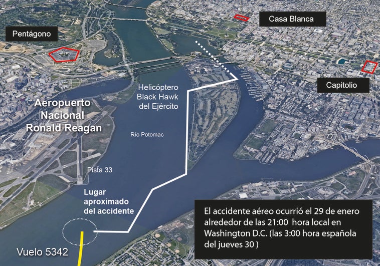 Mapa del lugar y qué se sabe del accidente en Washington entre un avión de pasajeros y un helicóptero militar